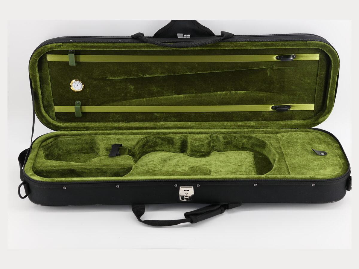 VC-201 600D double-dome violin case, black shell with army-green velvet interior